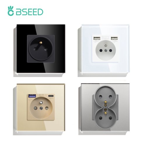 Image of Bseed France Standard Wall Electrical Outlet with USB-C Charging Port, 20W Fast Charge, Glass Panel, French Socket, 110-250V