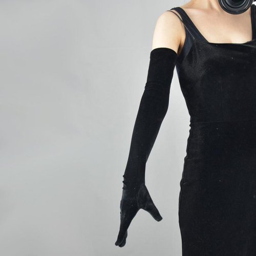 Imagen de Guantes largos de terciopelo dorado para mujer, estilo retro, 53 cm, cálidos para otoño e invierno, con etiqueta negra, accesorios elegantes para fiestas y banquetes