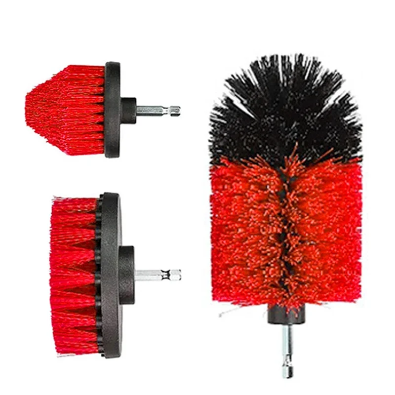 Afbeelding van 3 stks/5 stks elektrische scrubber borstel boor borstel kit rood plastic ronde schoonmaak gereedschap voor tapijt glas autobanden nylon borstels