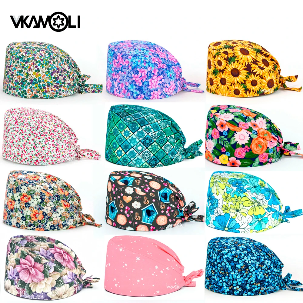 Imagen de Gorros de algodón con estampado floral para hombre y mujer, gorro de trabajo médico y veterinario, 100% algodón, a prueba de polvo, ideal para dentistas y profesionales de la salud