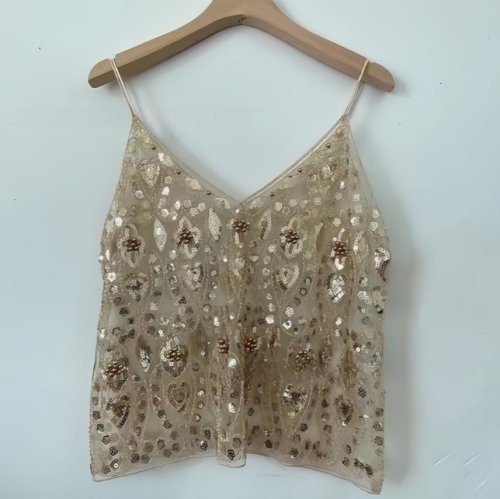 Immagine di Puloru Trendy Paillettes Perline Motivo floreale Gilet Donna Senza maniche Aperto Indietro Scollo a V Canotte Trasparente Chic Summer Camis