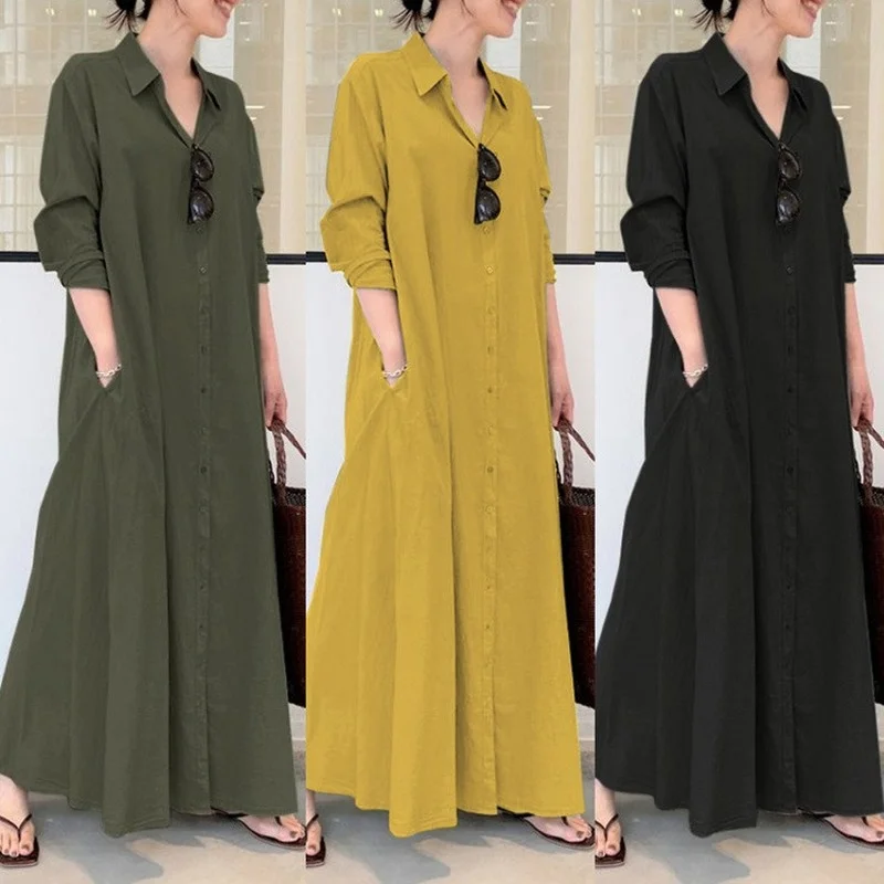 Afbeelding van Elegante Katoen-Linnen Abaya voor Vrouwen – Effen Kleur, Lange Mouw, Revers, Zakken, Losse Fit, Islamitische Mode Jurk