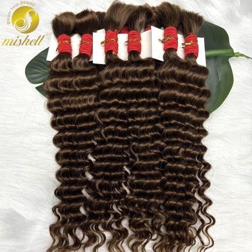 Image of 4# Chocolate Brown Deep Wave Bulk Human Hair for Boho Braids No Weft 1 Bundle 50g Human Hair Bulk Curly Extensions for Braiding