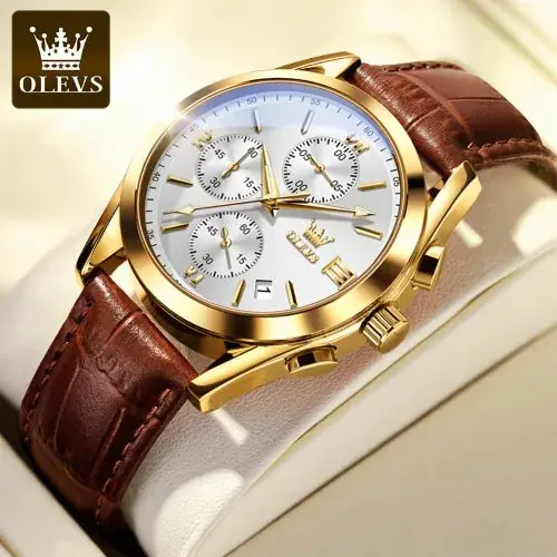 Image de Montre Homme Olevs 2872 - Bracelet Cuir Classique & Fonctions Pratiques