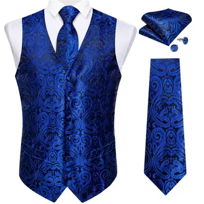 Image de Gilet de Costume Homme Bleu Royal Paisley - Ensemble Élégant pour Mariage