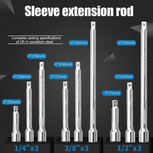 Zdjęcie Zestaw przedłużaczy napędu 1/4" i 3/8" z kluczem nasadowym z grzechotką – przedłużki 50, 100, 150, 250 mm, profesjonalne narzędzie ręczne do precyzyjnych prac mechanicznych