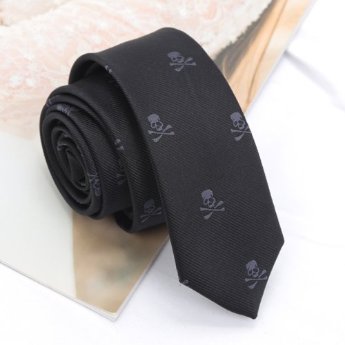 Image of Slim Black Skull Necktie for Men and Women – Classic Polyester Fashion Tie for Wedding, Party, Cosplay & Everyday Wear