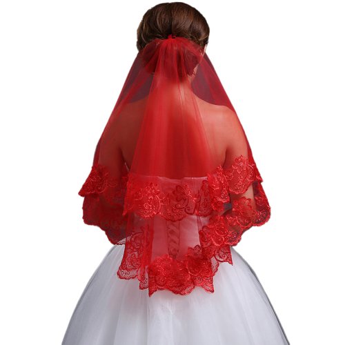 Afbeelding van Elegante klassieke rode bruidsbril met lange kanten sluier en hoofddeksel voor dames – perfecte trouwaccessoire