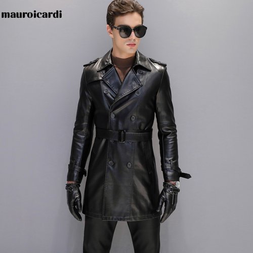 Image of Men's Autumn Long Sleeve Double-Breasted Faux Leather Trench Coat with Belt - Brown Plus Size Outerwear 2022 (4XL, 5XL)