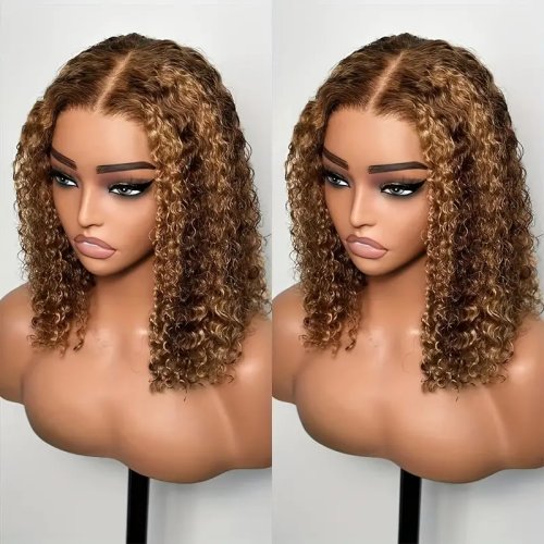 Imagen de Pelucas Bob corto de Color destacado, pelucas frontales de encaje 13x4 de onda profunda, cabello humano brasileño, peluca Frontal completa rizada profunda, Color degradado