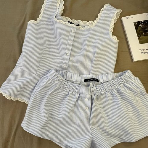 Immagine di Pigiama Estivo Donna a Righe con Pizzo - Set 2 Pezzi