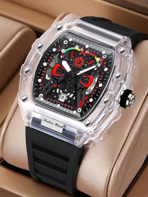 Immagine di Orologio da Uomo al Quarzo con Cassa Trasparente, Cinturino in Silicone, Calendario e Display Luminoso – Design Sportivo per Tempo Libero