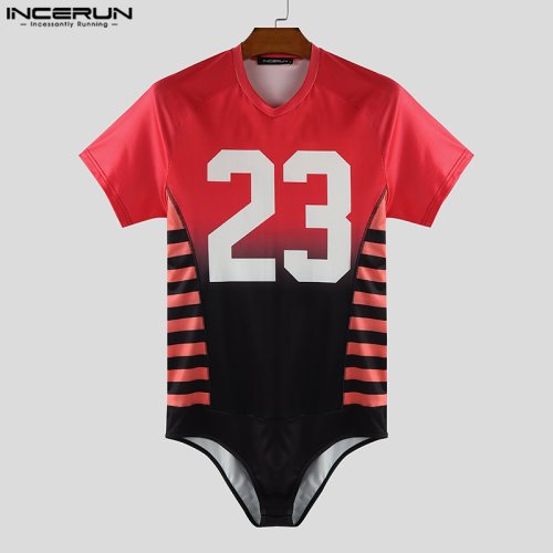 Bild von INCERUN Männer Bodys Druck Patchwork V-ausschnitt Kurzarm Männliche Strampler Sommer Workout 2025, Farbverlauf Mode Playsuits S-3XL