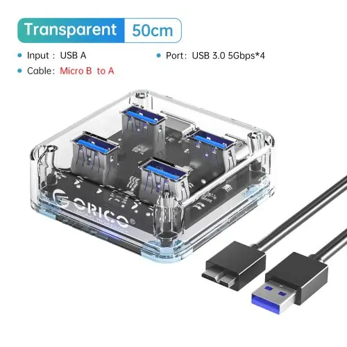 Image de Hub USB-C 4 Ports Transparent Orico - Haute Vitesse & Alimentation