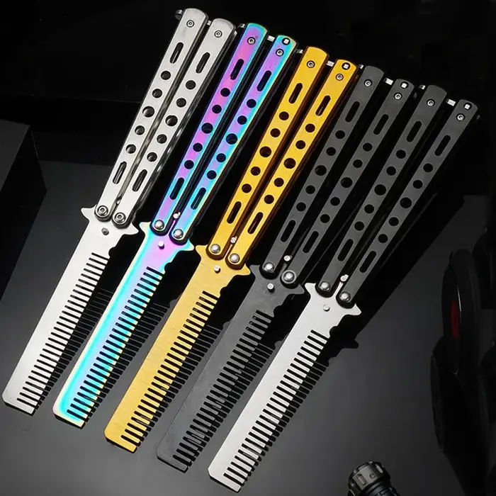 Image de Peigne Pliable Acier Inoxydable - Couteau Papillon Barbe & Moustache