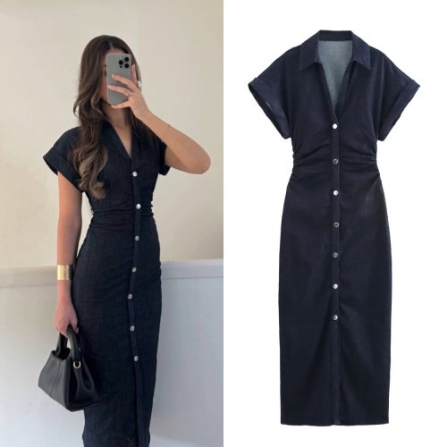 Image of 2025 Spring New Women's Denim Midi Dress with Lapel Collar and Side Zipper – Elegant Slim Fit with Wrinkled Waist Detail