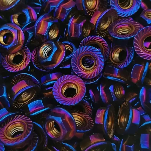 Image of 12-Piece Stainless Steel Hex Flange Locking Nuts M5 M6 M8 M10 in Vibrant Blue with Purple and Orange Flame Design for Motorcycle Customization