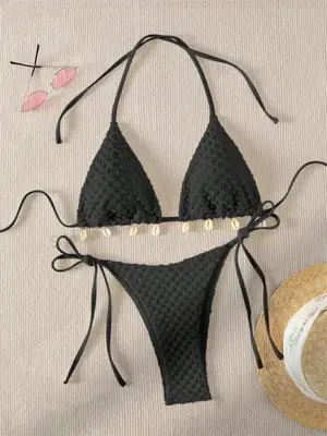 Image de Maillot de Bain Blanc & Noir 2 Pièces - Design Coquillage Push-Up