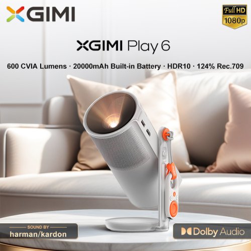 Image of XGIMI Play 6 DLP 1080p Portable Mini Projector with Harman Kardon Sound, Built-in Battery, 4K HDR Support, Smart MEMC, and Beam Technology for Immersive Home Theater Experience