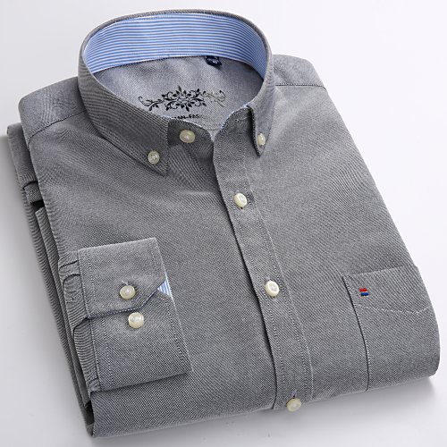 Image of Men's Long Sleeve Oxford Work Shirt with Single Patch Pocket – Classic Embroidered Design, Regular Fit Casual Button-Down Shirt for Everyday Wear