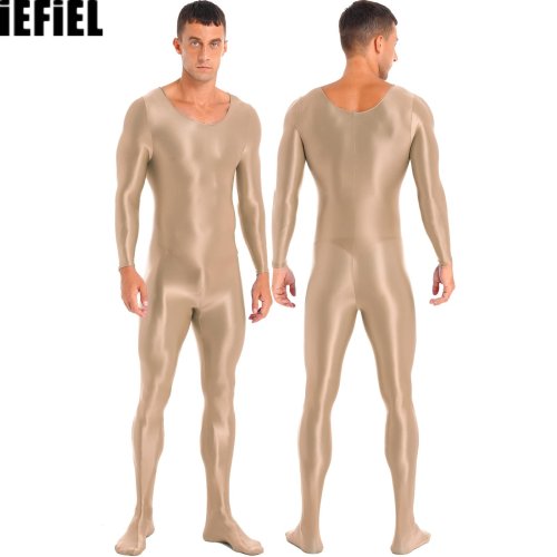 Image of Men's Seamless Long Sleeve Bodystocking Underwear – Solid Color Round Neck Bodysuit for Yoga, Fitness, Sleep & Everyday Wear