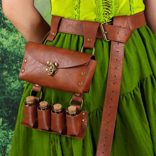 Afbeelding van Middeleeuwse Renaissance Lederen Riem met Alchemistische Fles, Koperen Munt en Heuptas – Perfect voor Tovenaar Cosplay en Historische Reënactment