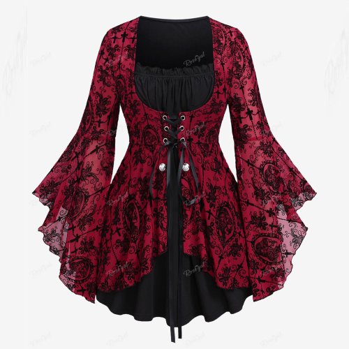 Immagine di Top Donna con Maniche a Campana Gotiche, Maglia Floreale Incrociata con Flocaggio, Lacci e Increspature, Top a Maniche Lunghe 2 in 1