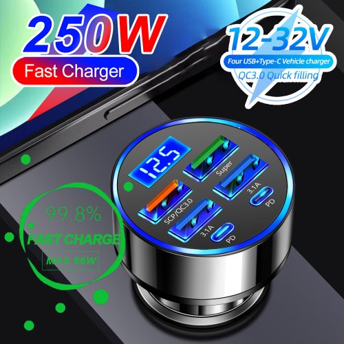 Afbeelding van 250W PD Autolader QC3.0 Snel opladen twee tot zes poorten Sigarettenaansteker Plug Autolader Flash Charge met digitaal display