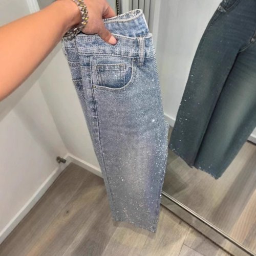 Zdjęcie Damskie jeansy casualowe z wysokim stanem – sprane, luźne i wyszczuplające z efektem hot stamping, z dżetów w stylu japońskim i koreańskim