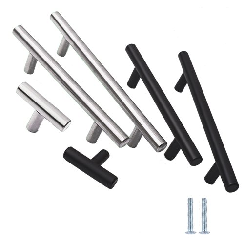 Image of Stainless Steel T-Bar Cabinet Pulls and Drawer Handles – Sleek Black and Silver Wardrobe Door Knobs for Modern Kitchen and Furniture Upgrades
