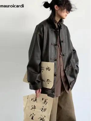 Image de Veste en Cuir PU Vintage Homme - Style Chinois Élégant