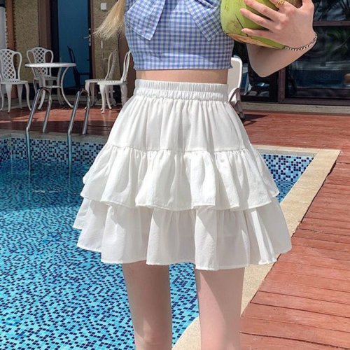 Immagine di Gonna a Pieghe Trapezoidale Donna con Volant Bianco – Stile Grazioso a Strati, Vita Elastica, Abito Estivo Slim Basic Coreano Harajuku