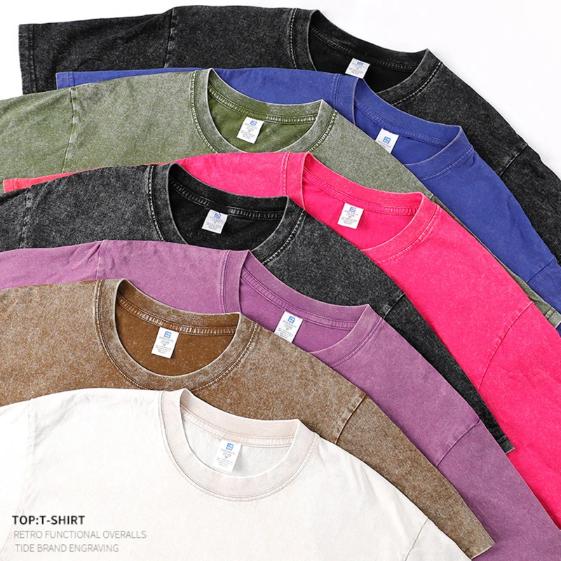 Imagen de Camisetas Vintage lavadas de 250gsm para hombre, camiseta Retro Punk de Hip Hop callejero para mujer, camisetas informales de algodón de manga corta con lavado ácido Harajuku