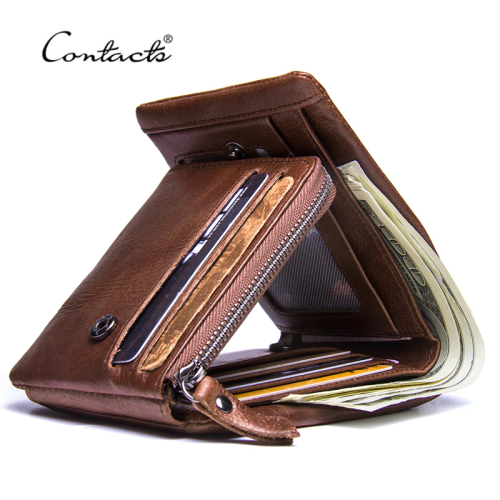 Imagen de Billetera de Cuero Genuino Crazy Horse para Hombre - Diseño Vintage Triple con Cremallera y Monedero Integrado