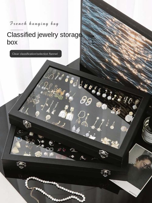Afbeelding van Elegante Zwarte Sieradenopbergdoos met Transparant Glazen Deksel voor Oorbellen, Kettingen, Ringen, Armbanden en Andere Accessoires