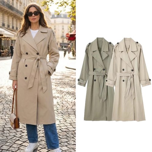 Imagen de Abrigo de Gabardina Lisa con Cinturón para Mujer, Doble Botonadura, Cuello de Solapa Vintage, Manga Larga y Estilo Elegante
