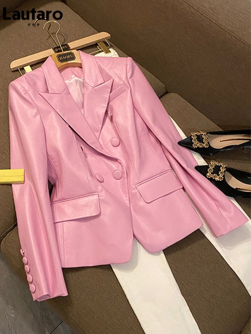 Imagen de Chaqueta de Cuero Sintético Rosa Suave para Mujer, Corte Elegante y Slim Fit, Manga Larga, Estilo Primaveral Moderno, Talla hasta 5XL