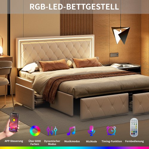 Image of Rosahqnda Modern Faux Leather bed with Drawers, Stylish Faux Leather Double Bed Rher with Storage, Without Mattress